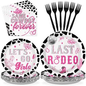96Pcs Last Rodeo Bachelorette Party Decorations Pink & Silver Disco Cowgirl Plates and Napkins Let's Go Girls Party Decorations for Nashville Western Bridal Baby Shower Birthday Supplies,Serves 24