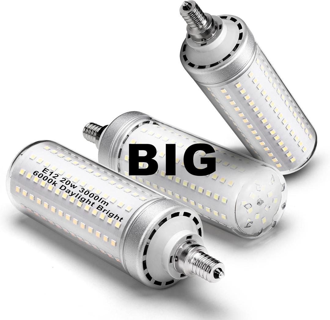 Big 1.77x 6.1 inch, E12 200w Equivalent LED Candelabra Bulbs C7,6000K Daylight Bright White,3000 lm T6 E12 20W LED Chandelier Light Bulbs for Ceiling Pendant Lighting Floor Lamp, Non-dimmable, 3 Pack