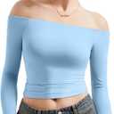 SUUKSESS Women Off Shoulder Double Lined Long Sleeve Shirts Basic Going Out Tops (X-Large, Sky Blue)