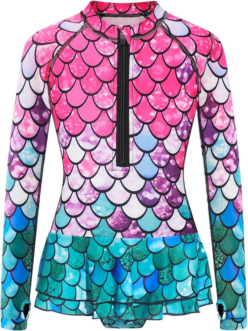 Girls Long Sleeve Rashguard Swimsuit UV Protection One-Piece Swimwear Bathing Suit (11-12 Years, Mermaid Skirt)
