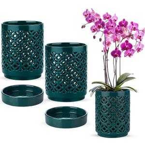 2 Pack 4 Inch Orchid Pots with Holes and Saucers, Ceramic Orchid Pot for Repotting, Flower Planter Pot Indoor Outdoor, Breathable Slotted Orchids Planter Gifts for Moms (Green)