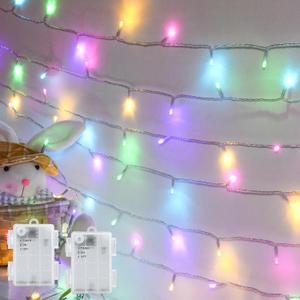 Easter String Lights Battery Operated, Pastel Easter Lights with Timer 9.8ft 30LED Transparent Wire Fairy Lights for Easter Decorations Garland Outdoor Indoor Party 2 Packs