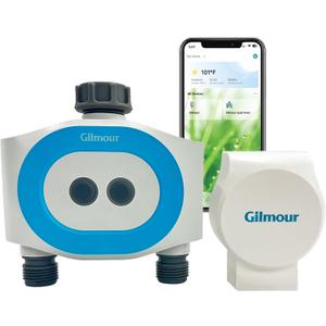 Gilmour Dual Outlet Smart Water Timer, WiFi Automatic Watering System, Rain Delay, Battery Operated, 2 Zone