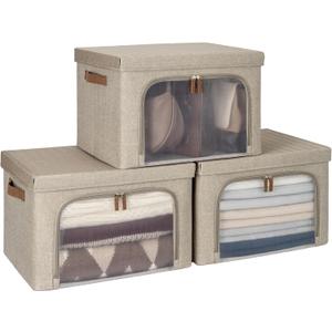 StorageWorks Storage Bins with Lids, Decorative Boxes with Clear Window for Clothes, Fabric Collapsible Baskets for Closet Organization, Large, Brown, 3 Packs