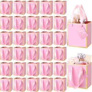 Yeaqee 50 Pcs Mini Metallic Paper Gift Bags with Handles 4x2.75x4.5'' Tiny Small Gift Bags with Thank You Tag for Wedding Graduation Birthday Party Return Gifts Jewelry Business (Pink,Gold)