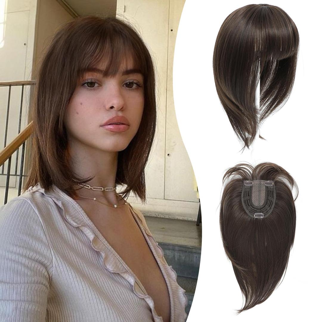 Ms Taj 12 Inch Hair Topper with Bangs, 360 Cover Synthetic Clip in Bangs, 4"x5" Bangs Natural Straight Fiber Hair Toppers for Women, Breathable & Comfortable for Daily Wear(Soft Brown)