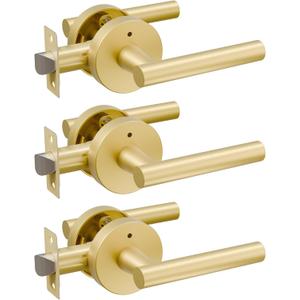3 Pack Brushed Gold Door Handles Interior, Heavy Duty Privacy Door Lever Handles, Streamlined Interior Door Handle Gold, Brass Interiors Doors Handle Levers for Bathroom, Bedroom