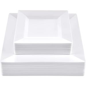SETUP 60-Piece White Square Plastic Dinnerware Set  30 9.5" Dinner & 30 6.5" Salad Plates  Heavy-Duty Disposable for Weddings, Catering, Parties