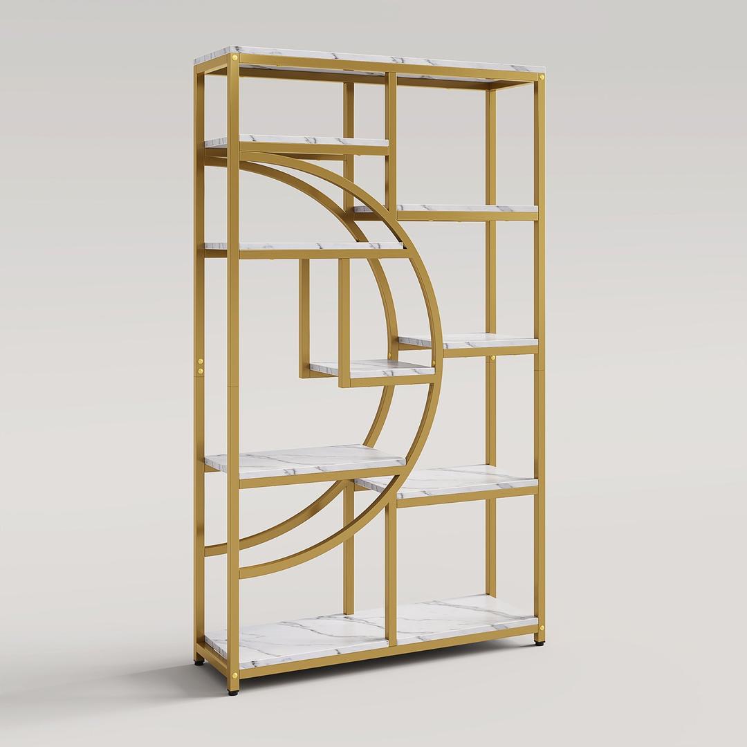 Tribesigns Bookshelf Industrial 5 Tier Etagere Bookcase, Freestanding Tall Bookshelves Display Shelf Storage Organizer with 9-Open Storage Shelf for Living Room, Bedroom, Color: White Marbling and Gold