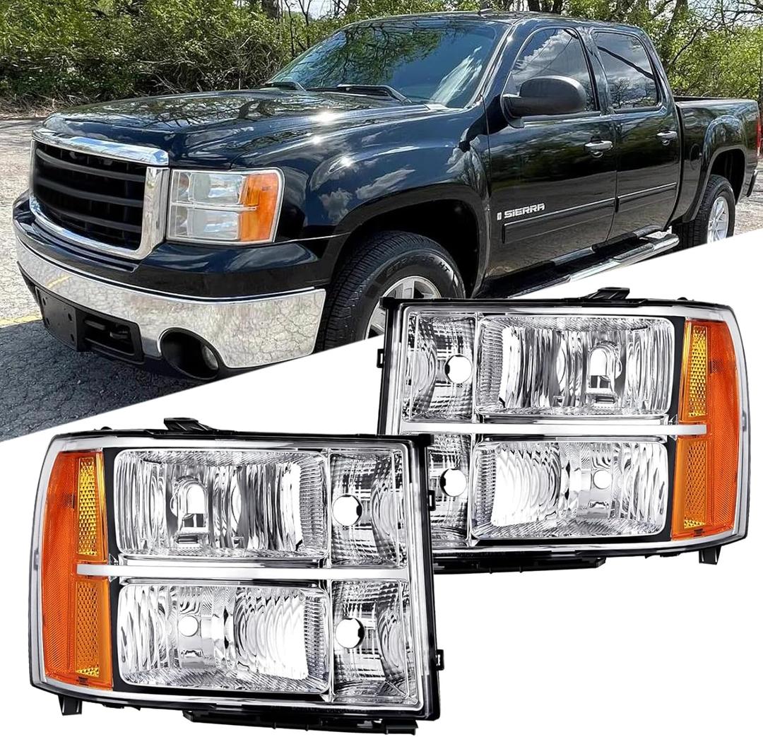 Headlights Assembly compatible with 2007 2008 2009 2010 2011 2012 2013 GMC Sierra 1500, 07-14 GMC Sierra 2500HD 3500HD Head Light Headlamp, Chrome Housing Amber Reflector