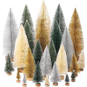Geetery 25 Pcs Christmas Trees Set,Artificial Pine Sisal Bottle Brush Trees with Wood Base for Christmas Party Table Village Craft Decorations (Multi Color)