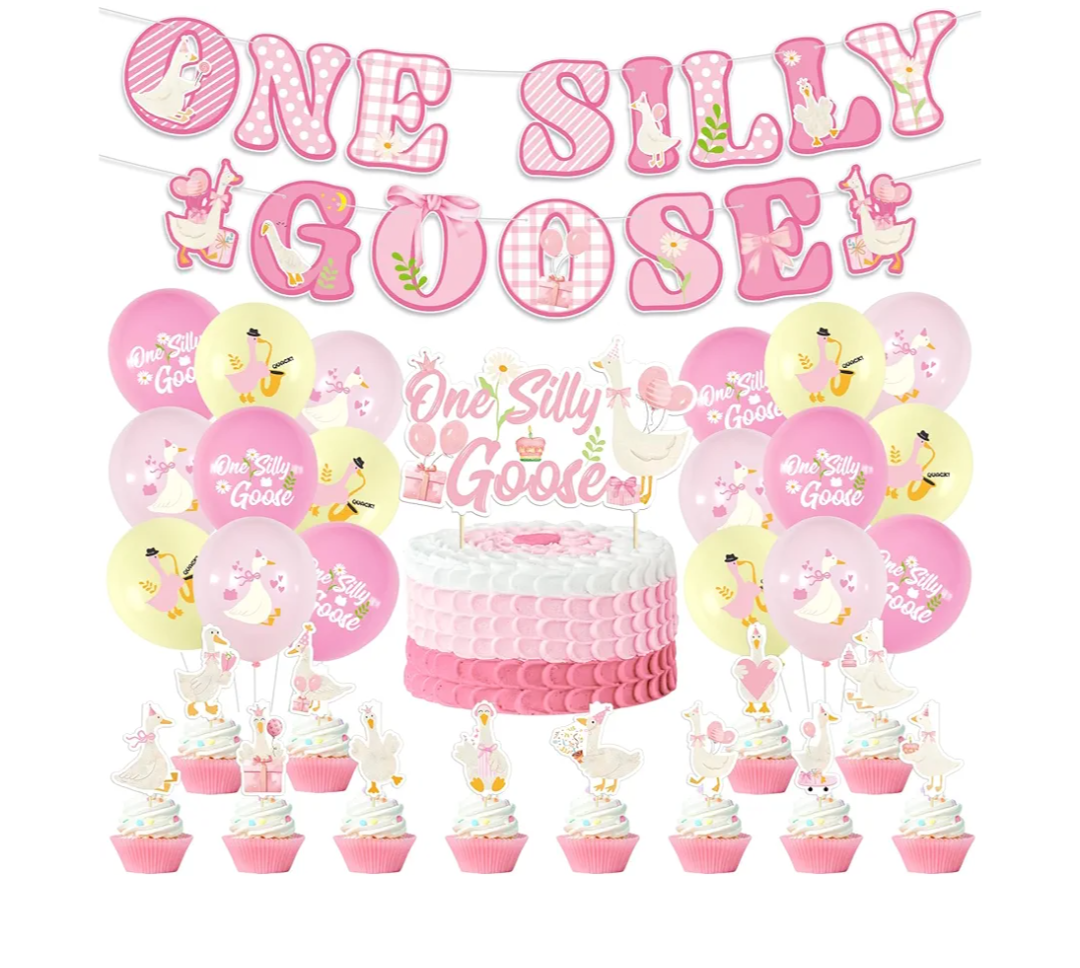32pcs Silly Goose Decorations Blue and White One Silly Goose Birthday Banner Cake Topper Cupcake Wrappers Latex Balloons Baby Shower Decoration (Pink Cupcake Toppers