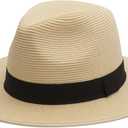Joywant Womens Straw Fedora Beach Sun Hat, Packable Wide Brim Panama Hat for Women UV UPF50+ Summer Hat (Medium, Abby-beige)