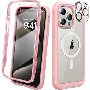 Diaclara Magnetic for iPhone 15 Pro Case, [Military-Grade Drop Proof & Fit for MagSafe] Built-in Shockproof Screen Protector, [Camera Lens Protector] Phone Cover for iPhone 15 Pro 6.1"(Coral Pink)