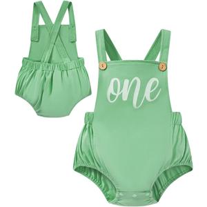 Infant Baby Boys Girls Boho First Birthday Outfit Cake Smash Photo Shoot Backless Overalls Romper (6-12 Months, Green)