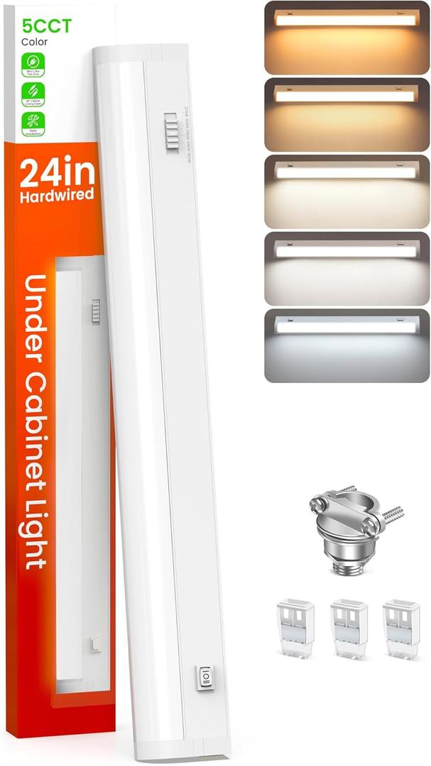 ALUSSO LIGHTING 24 Inch LED Under Cabinet Lighting Hardwired, 5CCT Color Selectable 2700K-5000K Dimmable 15W 1200LM High Brightness, CRI 90 Strip Linkable Under Counter Lights for Kitchen, 1 Pack