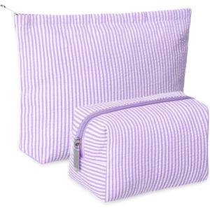 Huhumy 2 Pcs Makeup Bag Set Cute Cosmetic Pouch for Women Seersucker Travel Toiletry Bag Preppy Small Makeup Purse Pouch Aesthetic Skincare Brushes Storage Organizer for Valentine Women(Purple)