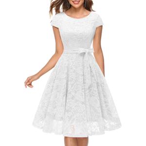 MUADRESS Women's Lace Cocktail Wedding Party Dress (Round Neck-white, XS)