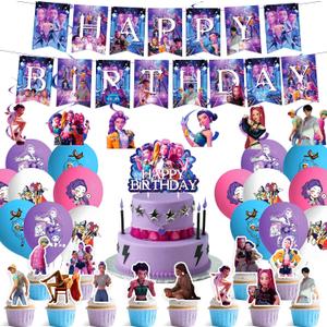 For K Pop Demon Hunters Party Supplies,62 PCS Birthday Decorations Set Include Banner,Balloons,Hanging Swirls,Cake Cupcake Toppers for Boys Girls Hunters Theme Party