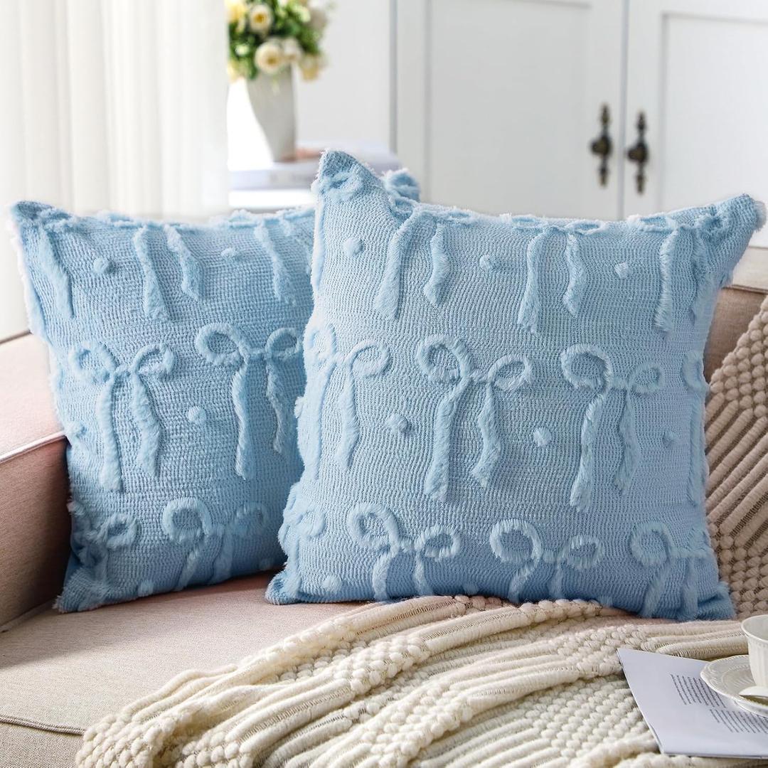 Mixweer Blue Bow Throw Pillow Covers 18x18 Set of 2 Coquette Decorative Pillow Covers Soft Plush Faux Wool Aesthetic Pillowcases Preppy Room Decor for Bed Sofa Couch Living Room