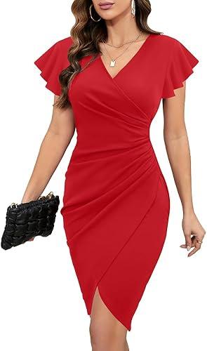 Machico 2026 Women's Sexy V Neck Ruffle Sleeve Faux Wrap Ruched Bodycon Sheath Cocktail Party Work Dress, L