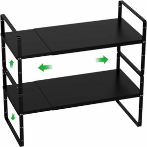 Cabinet Organizer Shelves,Expandable Spice Racks in Cabinet,Countertop Cupboard Pantry Shelves,Adjustable Storage Racks for Kitchen Bathroom Under Sink,2 Packs,8.07" D,Black
