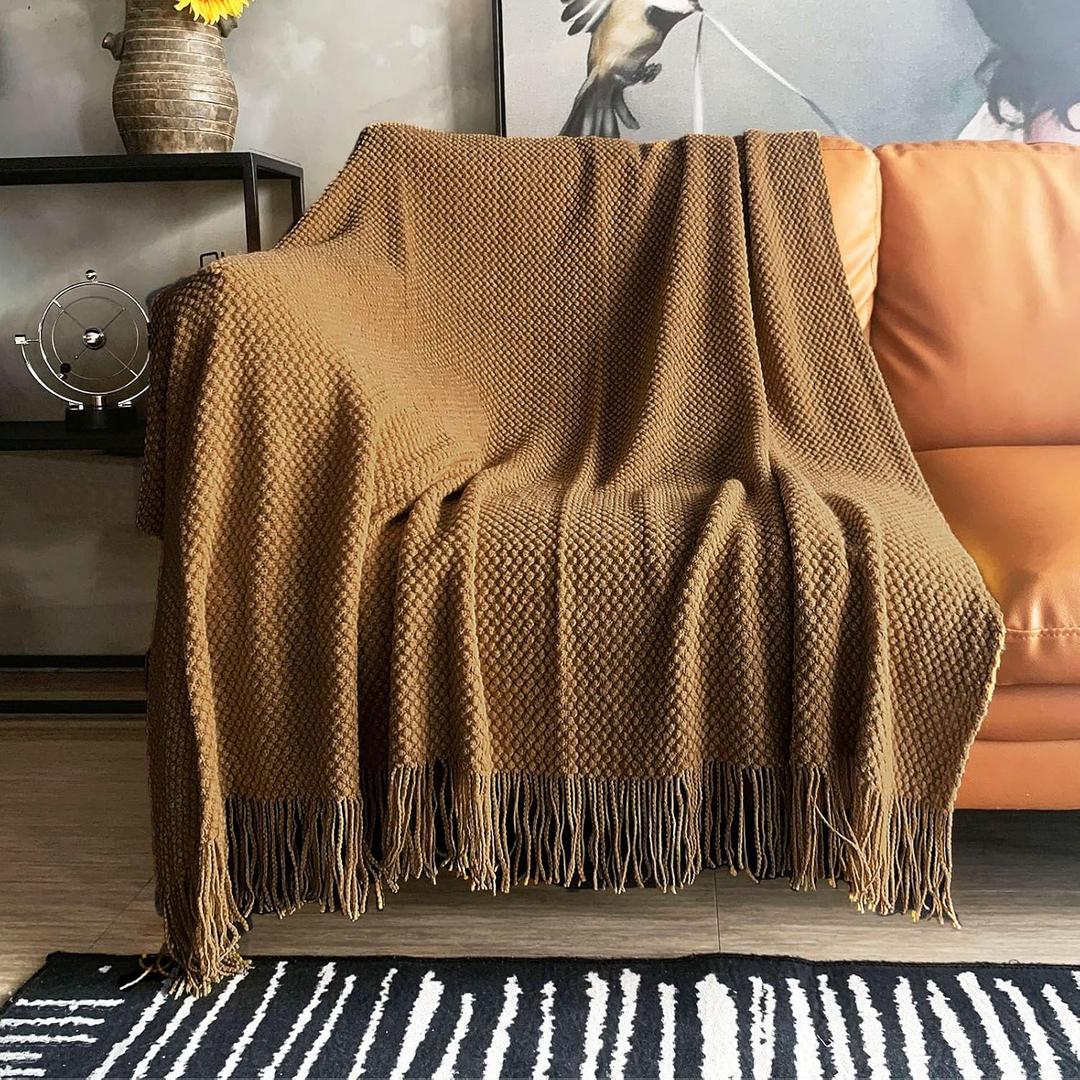 LOMAO Knitted Throw Blanket with Tassels Bubble Textured Lightweight Throws for Couch Cover Home Decor (Khaki, 60x80)