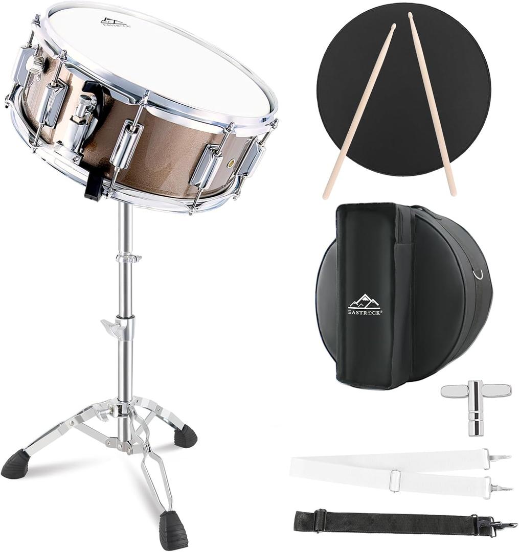 EASTROCK Snare Drum Set 14X5.5 Inches for Student Beginners with Gig Bag, Drumsticks, Stand, Drum Keys, Coated Material Drum Head, Champagne