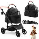 Pet Stroller with 4 Wheels, Foldable Pet Travel Carrier for Small/Medium Dogs Cats up to 50lbs, Detachble Portable Pet Bag, Storage Basket, Car Seat 3 in 1 Multifunctional (Black)