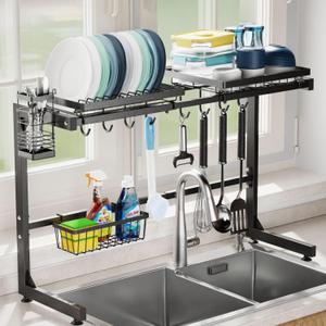 GSlife Over The Sink Dish Drying Rack - Extra Large Dish Rack Over Sink (26.3"-35") with Upper Dual Bars, 3 Baskets, Hooks, Cutlury Holder, Adjustable Dish Drainer Drying Rack for Kitchen Sink, Black