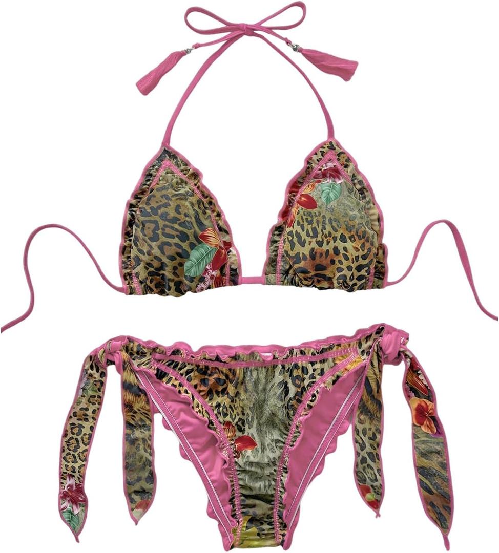 SOLY HUX Women's Floral Leopard Swimsuit Halter Triangle Tie Side String Bikini Set Two Piece Bathing Suit Beach Wear, XL