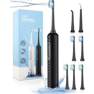 Electric Toothbrush with Water flosser, 3 in 1 Teeth Cleaning Kit with 7 Modes, Electric Toothbrush and flosser Combofor Adults, Water Flosser Portable for Travel and Home (Black)