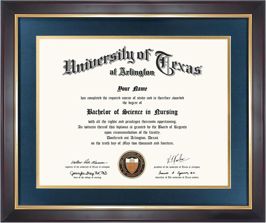 11x14 Wood Diploma Frame with Navy Mat or Display 14x17 Certificates without Mat,UV Protection Acrylic,Deep Brown Finish with Gold Trim