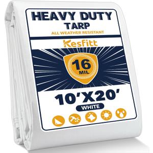 Kesfitt 16 Mil Heavy Duty Waterproof White Tarp, 10x20 ft, 100% Virgin Polyethylene, Reinforced Grommets, UV Resistant Outdoor Tarp for Storm Protection, Equipment Cover & Backyard Use