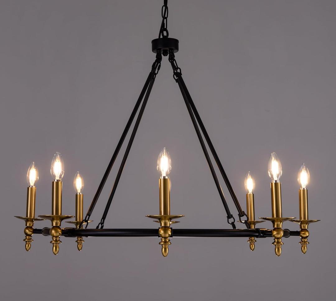 Wellmet Black Gold Wagon Wheel Chandelier, 35inch Diameter Wagon Wheel Chandelier, 8-Light Rustic Wagon Wheel Pendant Light for Living Room, Bedroom, Hallway, Entryway, Dining Room