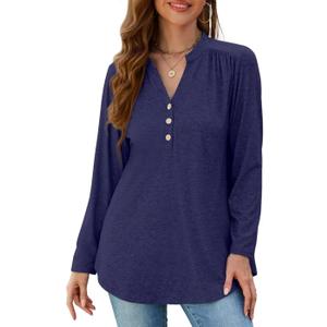 MONNURO Women's Plus Size Tops Henley V Neck Long Sleeve Button Down Shirts Blouses (Blue)