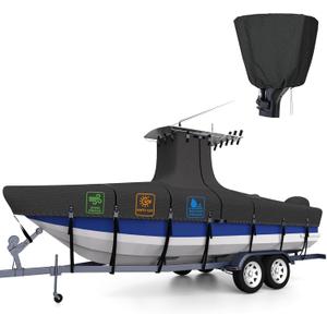 Heavy Duty Ture 1200D T-Top Boat Cover 17ft - 19ft with Motor Cover, 100% Waterproof Solution-Dyed Center Console Boat with T Top Roof 17-19 Foot with Upgraded 15 Windproof Straps (Black)