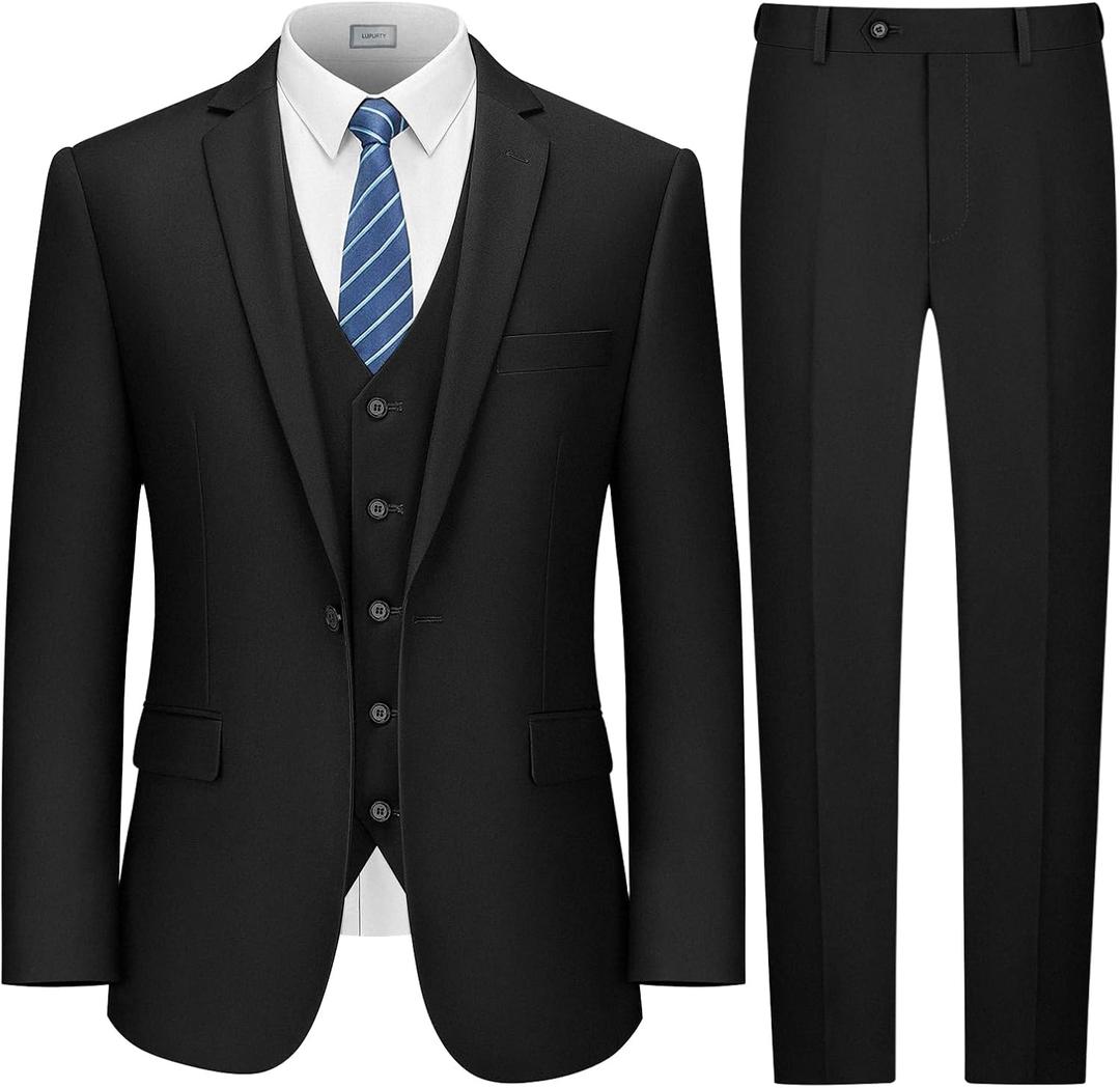 LUPURTY Suits for Men, 3 Piece Men's Suit Slim Fit, Solid Jacket Vest Pants with Tie, One Button Tuxedo Set (4X-Large, Black)
