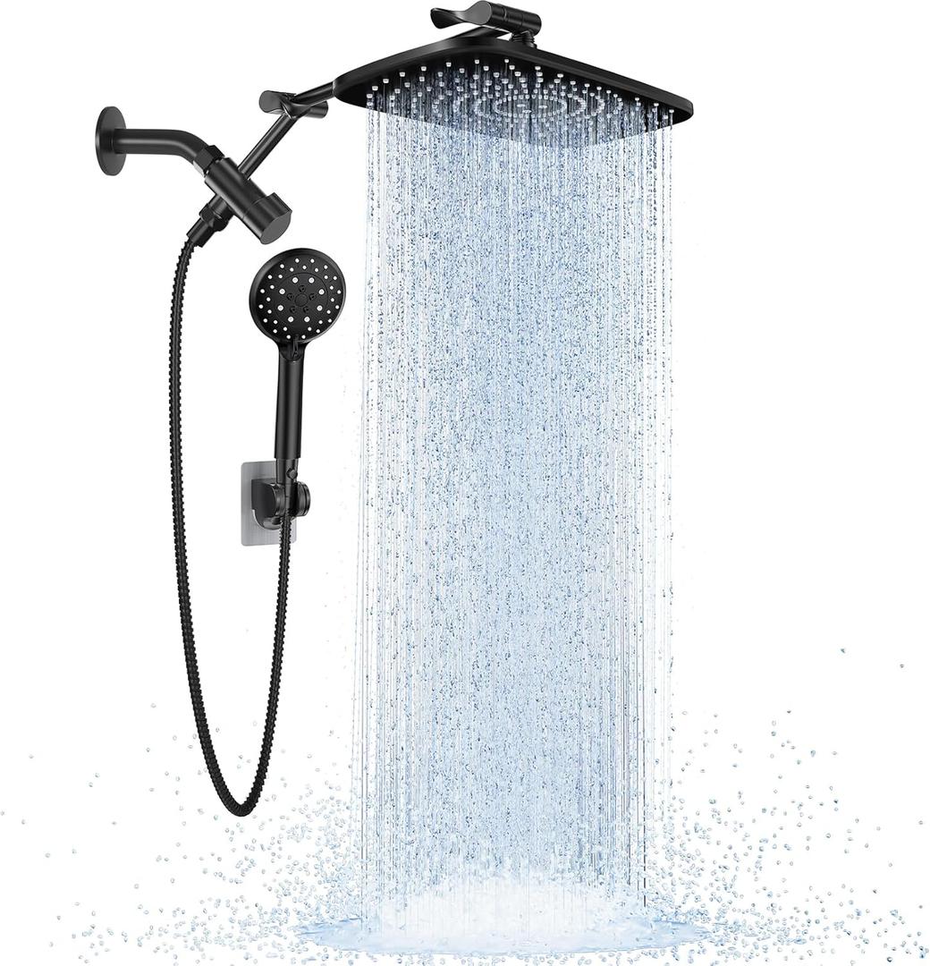 Veken Wide Rain Shower Head with 6 Modes Handheld Water SprayHigh Pressure Showerhead Combo with Arm for Bathroom AccessoriesHome Decor Adjustable Dual Shower with Anti-Clog NozzlesMatte Black (Standard Flow(2.5GPM), Matte Black)
