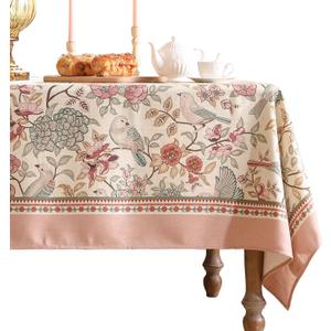 patdrea Designer Pink Linen Table Cloth for Sqaure Table,French Tablecloth with Birds Pattern,Small Colorful Decoration Cover for Kitchen Dining,Christmas,Party,Thanksgiving,55"x55"-Kulom a