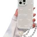 for iPhone 14 Pro Case, [2-in-1 with Clear Beads Pearl Beaded Wristlet Bracelet] Cute White Bow Print, Suitable for Women & Girls