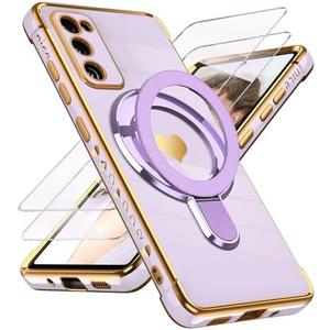 Liufcx for Samsung Galaxy S20 FE Love Heart Kickstand Case with 2X Screen Protector: Luxury Plated Gold Edge Slim Soft TPU Shockproof Protection Case Cover for Galaxy S20 FE (Purple)