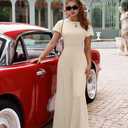 XXTAXN Women's Caual Fashion Crew Neck Short Sleeve Ruched Waist Backless Tie Wide Leg Long Pant One Piece Jumpsuit (L)