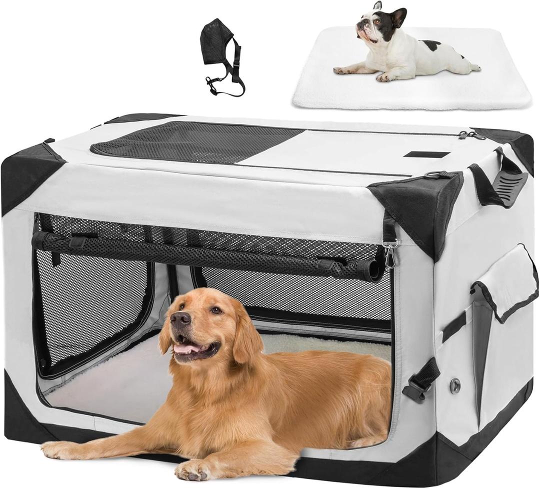 42" Soft Collapsible Dog Crate, Portable Travel Dog Crate for Extra Large Dogs Indoor & Outdoor, 4-Door Foldable Dog Kennel with Safety Zippers, Mesh Windows, Soft Mat for Travel or Home Use