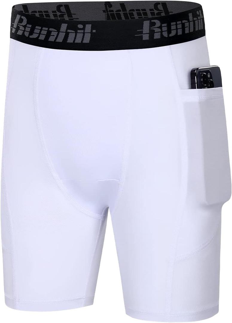 Runhit Youth Boys' Compression Shorts,Boys Performance Athletic Base Layers Underwear Sports Shorts Side Pocket (White, L)