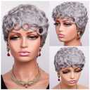 Grey Short Curly Pixie Cut Wigs Remy Human Hair for Black Women, Silver Grey Deep Wave 100% Human Hair Pixie Wig Wear and Go Glueless Layered Curly Wavy Pixie Cut Edgy Old Lady Cosplay Wig With Bangs