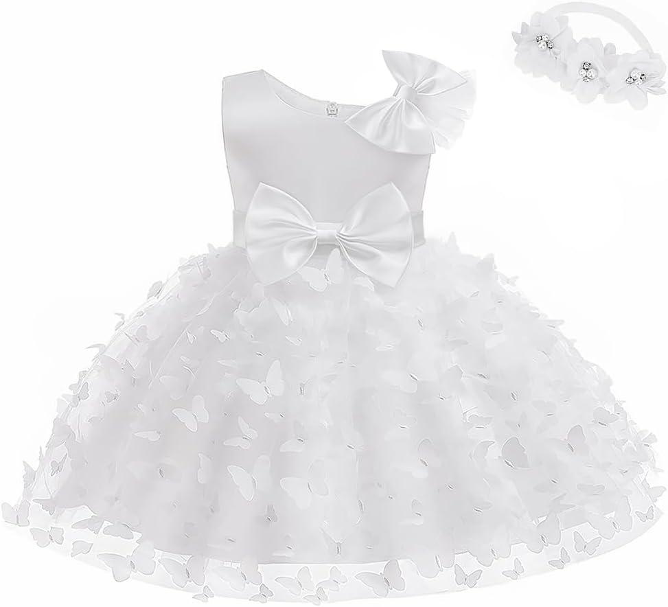 LZH Baby Girl Dress Bowknot Butterfly Tutu Dress Infant Toddler Flower Girls Wedding Birthday Dresses with Headband (12-18 Months, White)