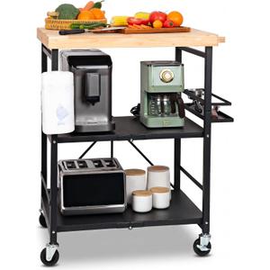 PLKOW Foldable Kitchen Cart with Solild Oak Wood Top, Rolling Kitchen Island on Wheels, 3-Tier Storage Utility Cart for Microwave, Toaster Oven, Small Spaces