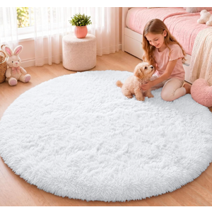 OLANLY White Round Rugs for Bedroom - Machine Washable, 4 ft Circle Area Rugs for Living Room, Soft and Fluffy Shaggy Carpet for Teen Girls and Boys, Nursery Rooms, Dorms, Home Decor Aesthetic