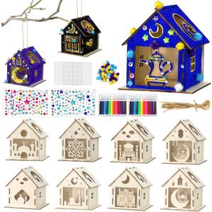 9PCS Ramadan Crafts Wooden House with 24 Paint Pens, Ramadan Activities for Boys and Girls Aged 3-12, Islamic DIY Ramadan Goodies for Eid Mubarak Gifts Favors Party Supplies Bulk Decorations